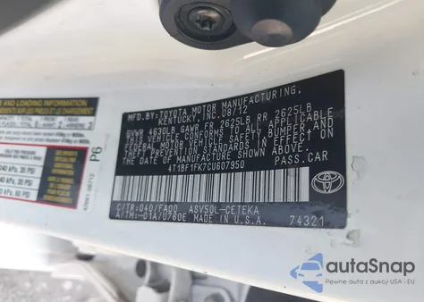 2012 Toyota Camry L from USA, damaged, VIN 4T1BF1FK7CU607950